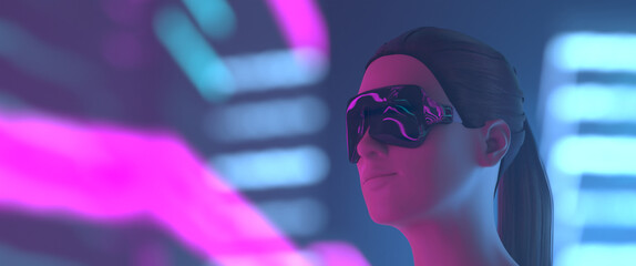 Virtual reality - face and virtual reality device close up, computer generated young woman on foreground, stylized purple and blue city buildings in background. Widescreen version. - 542293998