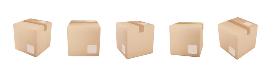 Cardboard or carton realistic delivery boxes with scotch tape and labels.