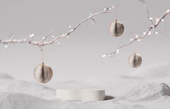 3D podium display, white background for product presentation or text.  Christmas lights with snow and wood pedestal showcase. Christmas ornament, baubles on tree branch. Winter Luxury 3D render mockup