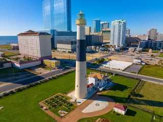 Absecon Lighthouse aerial view at the mouth of Absecon Inlet in the north end of Atlantic City, New Jersey NJ, USA. The light house was built in 1856 and is the tallest Lighthouse in New Jersey.  © Wangkun Jia