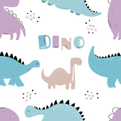 Vector hand-drawn colored seamless repeating children pattern with cute dinosaurs in Scandinavian style on a white background. Baby pattern with dinosaurs. Cute baby animals.