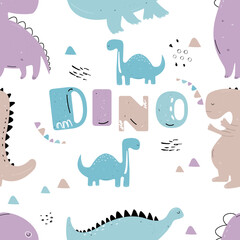 Vector hand-drawn colored seamless repeating children pattern with cute dinosaurs in Scandinavian style on a white background. Baby pattern with dinosaurs. Cute baby animals.