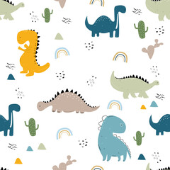 Vector hand-drawn colored seamless repeating childrens pattern with cute dinosaurs and cacti in Scandinavian style on white background. Children's pattern with dinosaurs. Cute baby animals. Dino.