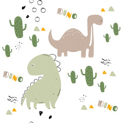 Vector hand-drawn colored seamless repeating childrens pattern with cute dinosaurs and cacti in Scandinavian style on white background. Children's pattern with dinosaurs. Cute baby animals. Dino.