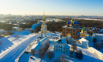 Winter drone view of the Assumption Cathedral and the Kremlin in Ryazan, Russia