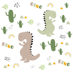 Vector hand-drawn colored seamless repeating childrens pattern with cute dinosaurs and cacti in Scandinavian style on white background. Children's pattern with dinosaurs. Cute baby animals. Dino.