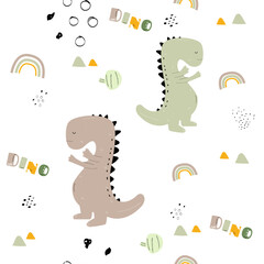 Vector hand-drawn colored seamless repeating childrens pattern with cute dinosaurs and cacti in Scandinavian style on white background. Children's pattern with dinosaurs. Cute baby animals. Dino.