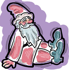Funny Santa Claus sitting, hand drawn cartoon character, comic personage illustration. Decorative element for poster print, Christmas party invitation, postcard design. Traditional winter celebration.