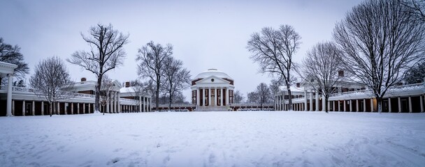 Fototapeta premium Fresh snowfall on the University of Virginia grounds. The Rotunda featured in the center