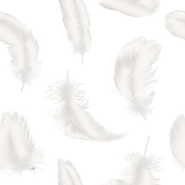 Vector Seamless Pattern with 3d Realistic Falling White Fluffy Feather Closeup on White Background. Design Template, Angel, Bird Detailed Feathers. Lightness and Freedom Concept