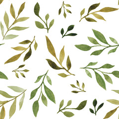 watercolor seamless pattern with dry and green leaves. For printing on paper, packaging, textiles, banners, brochures. Template for design. Rustic, botanical style. Leaf fall, autumn and spring.