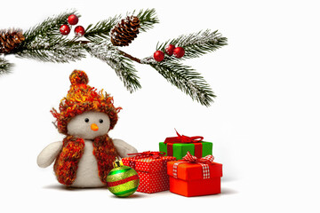 Merry Christmas and happy New year greeting card. Funny handmade snowman in a hat with gifts for the new Year isolated