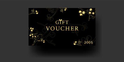 Fototapeta na wymiar Elegant gift voucher on the black background. Golden line art elements plants and animal. Text. Design for card template vip coupon, flyer, discount, holiday special offer. Beauty vector illustration.