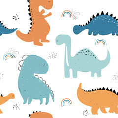 Vector hand-drawn colored seamless repeating childrens pattern with cute dinosaurs with a rainbow in Scandinavian style on white background. Children's pattern with dinosaurs. Cute baby animals. Dino.