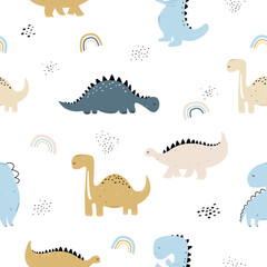 Vector hand-drawn colored seamless repeating childrens pattern with cute dinosaurs with a rainbow in Scandinavian style on white background. Children's pattern with dinosaurs. Cute baby animals. Dino. © YUSI_DESIGN