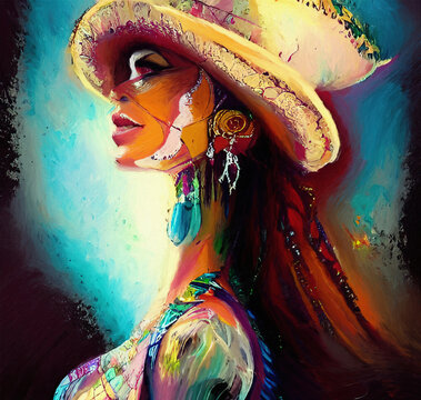 Spanish or mexican traditional stylish woman portrait, digital drawing with watercolor, oil, acrylic mixed style imitation. Modern contemporary art. Good as wall art print, poster, backdrop design