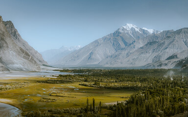 View of Shigar river and Shigar Valley with Karakorum Mountain  Range in the background, Skardu, Pakistan