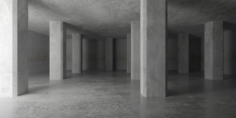 Abstract large, empty, modern concrete room with indirect light, pillar rows and reflective floor - industrial interior background template