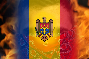 Defocus protest in Moldova. Moldova flag painted on man face portrait background. Strength, Power, Protest and punch concept. Russia war. World crisis news. Out of focus