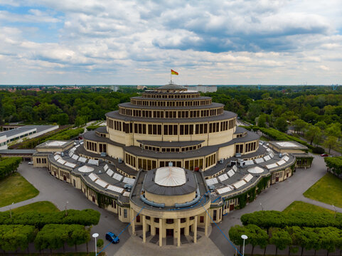Wroclaw, Poland - May 13 2020: Aerial drone view to Centennial Hall
