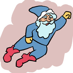 Funny Santa Claus flying, hand drawn cartoon character, comic personage illustration. Decorative element for poster print, Christmas party invitation, postcard design. Traditional winter celebration.