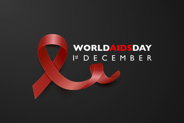 Wereld Aids Dag Banner - Aids Awareness Red Silk Ribbon op zwarte horizontale achtergrond. Aids Dag Concept. Ontwerpsjabloon voor 1 december poster, plakkaat, kaart, aids-bewustzijn
