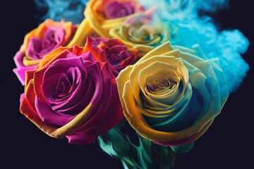 Fototapeta na wymiar Rainbow Roses in Smoke, Made by AI, Artificial Intelligence