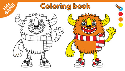 Cartoon monster. Coloring page printable. Activity for preschool and school children. Vector illustration in childish style.