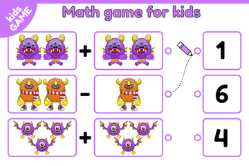 Math educational game for children. Addition and subtraction. Count and choose the correct answer. Vector illustration of cartoon monsters.