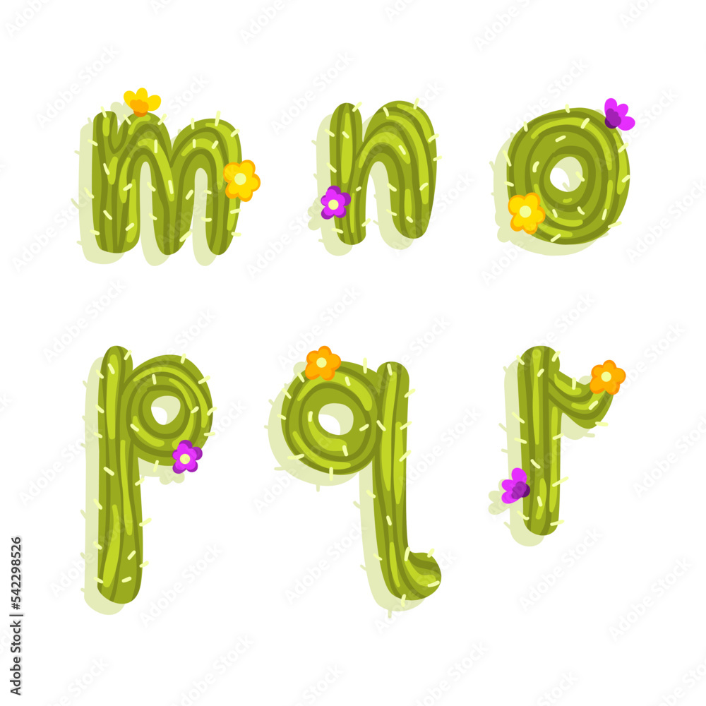 Poster latin alphabet of green cactus with blooming flowers and lowercase letters vector set