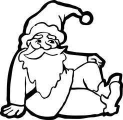 Funny Santa Claus sitting, hand drawn cartoon character, comic personage illustration. Decorative element for poster print, Christmas party invitation, postcard design. Traditional winter celebration.