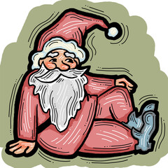 Funny Santa Claus sitting, hand drawn cartoon character, comic personage illustration. Decorative element for poster print, Christmas party invitation, postcard design. Traditional winter celebration.