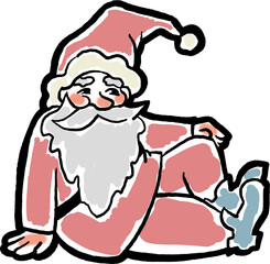 Funny Santa Claus sitting, hand drawn cartoon character, comic personage illustration. Decorative element for poster print, Christmas party invitation, postcard design. Traditional winter celebration.