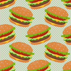 Vector seamless pattern with a hamburger. It can be used for textiles, website backgrounds, book covers, packaging, wrapping paper, cookbooks, restaurant menus. Food illustration.