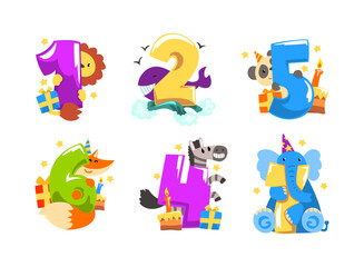 Birthday Anniversary Numbers with Cute Animals Vector Set