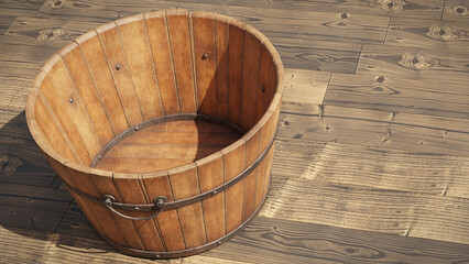 Fototapeta premium wooden tub, beautiful vintage bucket on wood floor