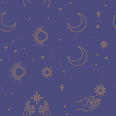 Obraz na płótnie Canvas Seamless pattern with constellations. Sun, moon, magic hands and stars. Mystical esoteric background for design. Astrology magical vector.