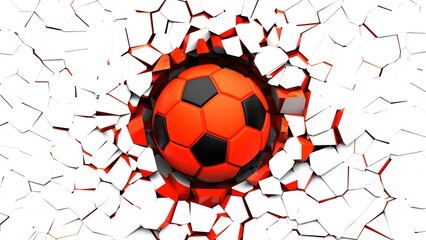 Black-orange soccer ball breaking with great force through white-orange illuminated wall under spot light background. 3D high quality rendering. 3D illustration. 3D CG.