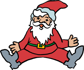 Funny Santa Claus sitting, hand drawn cartoon character, comic personage illustration. Decorative element for poster print, Christmas party invitation, postcard design. Traditional winter celebration.