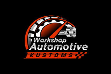 Automotive piston workshop logo design speedo meter badge style custom car service engine tune up icon symbol illustration