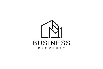 Real estate logo house skyscraper roof window line style M A initial letter building icon symbol