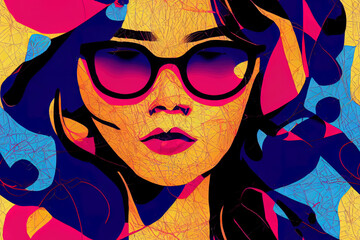 Woman portrait with glasses in modern abstract style. Hand drawn raster seamless pattern for your contemporary fashion design.