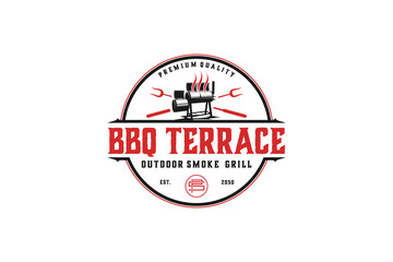 Offset Barrel smoker bbq grill logo design, drum smoker silhouette barbecue fork utensil bbq tool restaurant