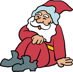 Funny Santa Claus sitting, hand drawn cartoon character, comic personage illustration. Decorative element for poster print, Christmas party invitation, postcard design. Traditional winter celebration.