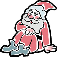 Funny Santa Claus sitting, hand drawn cartoon character, comic personage illustration. Decorative element for poster print, Christmas party invitation, postcard design. Traditional winter celebration.