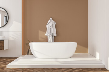 Front view of a bathroom interior with a white tub and beige wall. 3d rendering, mock up
