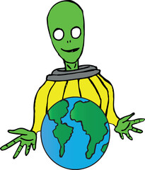 Alien Olhai por Nós! Cuide do Planeta! Ilustração para Vetor, fundo transparente. Planeta Terra entre os braços Alienígenas.  © Rafael