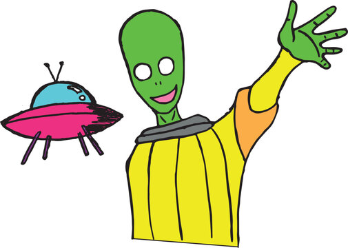 Alien Adeus Terr&aacute;queos! Ilustra&ccedil;&atilde;o para Vetor. Aline, Nave ET/UFO Roxo.