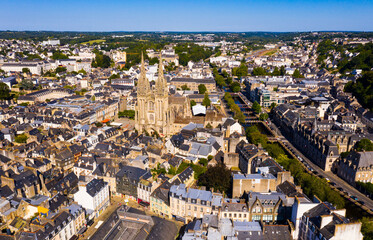 Aerial view of center of Quimper on banks of Odet River overlooking of Cathedral of Saint Corentin...