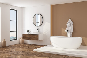 Naklejka na ściany i meble Modern bathroom interior with beige walls, white sink with oval mirror, bathtub and parquet floor. Minimalist bright bathroom with modern furniture. Side view.3D rendering